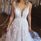 Bria | Ivory A-Line V-Neck Backless Long Lace Wedding Dress