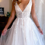 Jaylani | Ivory A-Line Deep V-Neck Backless Long Wedding Dress with Lace