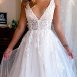 Jaylani | Ivory A-Line Deep V-Neck Backless Long Wedding Dress with Lace