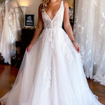 Jaylani | Ivory A-Line Deep V-Neck Backless Long Wedding Dress with Lace