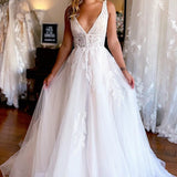 Jaylani | Ivory A-Line Deep V-Neck Backless Long Wedding Dress with Lace