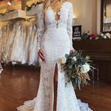 Lillie | White Mermaid Boho Long Lace Wedding Dress with Sleeves