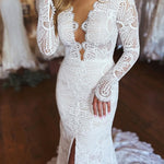 Lillie | White Mermaid Boho Long Lace Wedding Dress with Sleeves