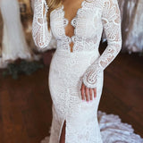 Lillie | White Mermaid Boho Long Lace Wedding Dress with Sleeves