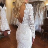 Lillie | White Mermaid Boho Long Lace Wedding Dress with Sleeves