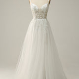 A Line Spaghetti Straps White Long Bridal Dress with Appliques