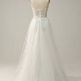 A Line Spaghetti Straps White Long Bridal Dress with Appliques