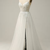 A Line Spaghetti Straps White Long Bridal Dress with Appliques