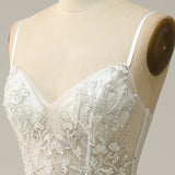 A Line Spaghetti Straps White Long Bridal Dress with Appliques