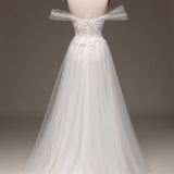 White Off the Shoulder A Line Corset Wedding Dress with Appliques