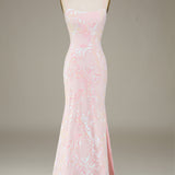 Mermaid Sparkly Pink Prom Dress with Slit
