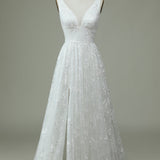 Ivory Lace V-Neck Wedding Dress with Slit