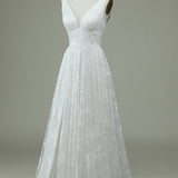 Ivory Lace V-Neck Wedding Dress with Slit