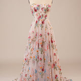 Tulle Strapless Sweep Train Ivory Long Wedding Dress with Embroidery