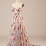 Tulle Strapless Sweep Train Ivory Long Wedding Dress with Embroidery