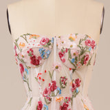 Tulle Strapless Sweep Train Ivory Long Wedding Dress with Embroidery