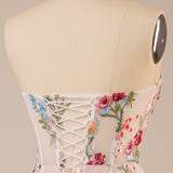 Tulle Strapless Sweep Train Ivory Long Wedding Dress with Embroidery