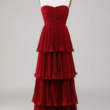 Strapless Tiered Burgundy Long Bridesmaid Dress