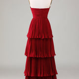 Strapless Tiered Burgundy Long Bridesmaid Dress