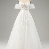 Ivory A-Line Tulle Spaghetti Straps Wedding Dress with Appliques