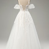 Ivory A-Line Tulle Spaghetti Straps Wedding Dress with Appliques