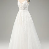 Ivory A-Line Tulle Spaghetti Straps Wedding Dress with Appliques