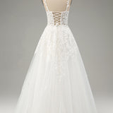 Ivory A-Line Tulle Spaghetti Straps Wedding Dress with Appliques