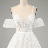 Ivory A-Line Tulle Spaghetti Straps Wedding Dress with Appliques
