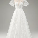 Ivory A-Line Puff Sleeves Wedding Dress with Appliques