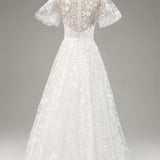 Ivory A-Line Puff Sleeves Wedding Dress with Appliques