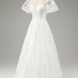 Ivory A-Line Puff Sleeves Wedding Dress with Appliques