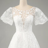 Ivory A-Line Puff Sleeves Wedding Dress with Appliques