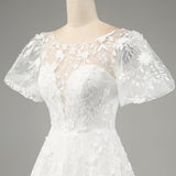 Ivory A-Line Puff Sleeves Wedding Dress with Appliques