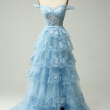 Sparkly White Tiered Lace Wedding Dress with Slit