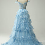 Sparkly White Tiered Lace Wedding Dress with Slit