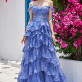 Sparkly White Tiered Lace Wedding Dress with Slit