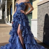 Nola | Glitter Lavender A-Line Lace Off The Shoulder Long Tiered Prom Dress With Split