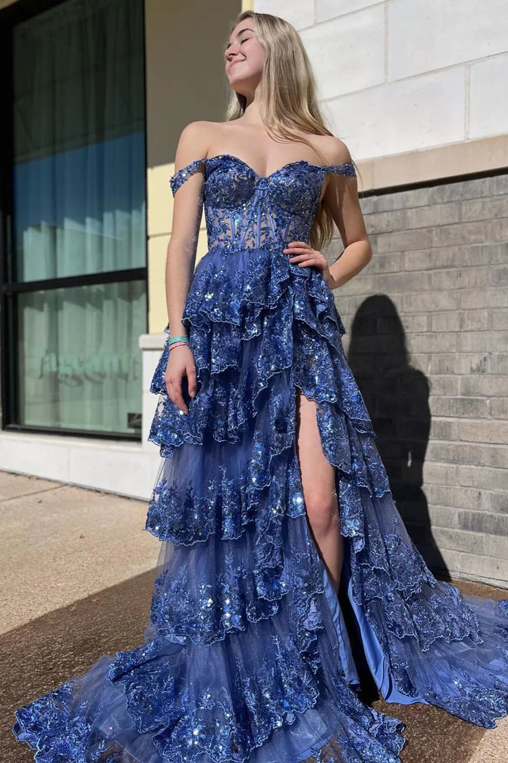 Nola | Glitter Lavender A-Line Lace Off The Shoulder Long Tiered Prom Dress With Split