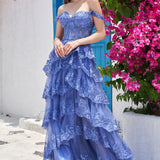 Sparkly White Tiered Lace Wedding Dress with Slit