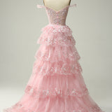 Sparkly White Tiered Lace Wedding Dress with Slit