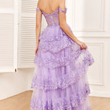 Sparkly White Tiered Lace Wedding Dress with Slit