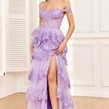 Sparkly White Tiered Lace Wedding Dress with Slit