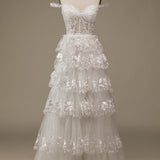 Sparkly White Tiered Lace Wedding Dress with Slit