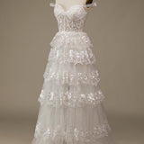 Sparkly White Tiered Lace Wedding Dress with Slit