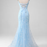 Sparkly Light Blue Beaded Mermaid Long Prom Dress