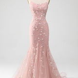 Mermaid Blush Spaghetti Straps Prom Dress with Appliques