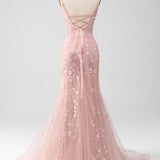 Mermaid Blush Spaghetti Straps Prom Dress with Appliques