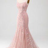 Mermaid Blush Spaghetti Straps Prom Dress with Appliques