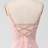 Mermaid Blush Spaghetti Straps Prom Dress with Appliques
