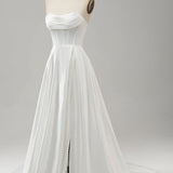 Elegant White A Line Strapless Pleated Sweep Train Wedding Dress With Slit